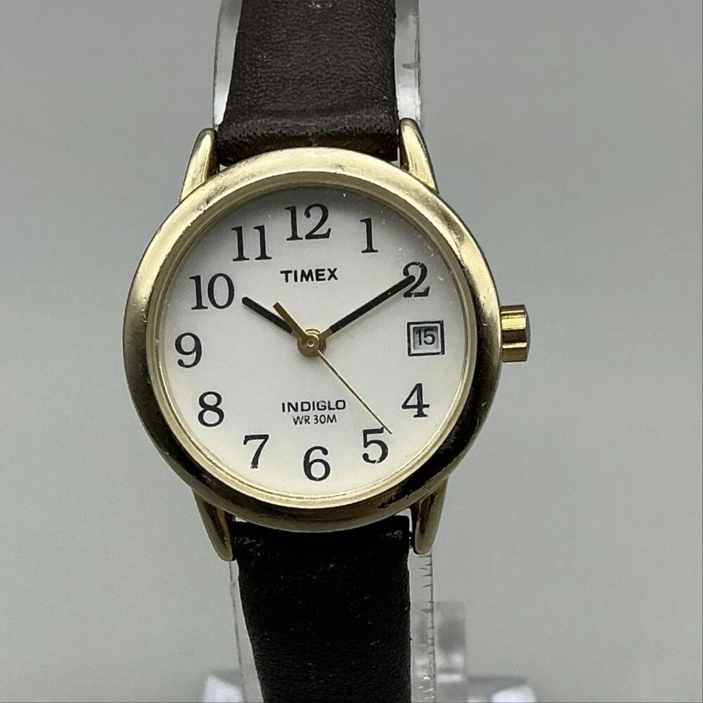 Timex Indiglo Womens Watch 25mm White Dial Leather Date Gold Tone New Battery